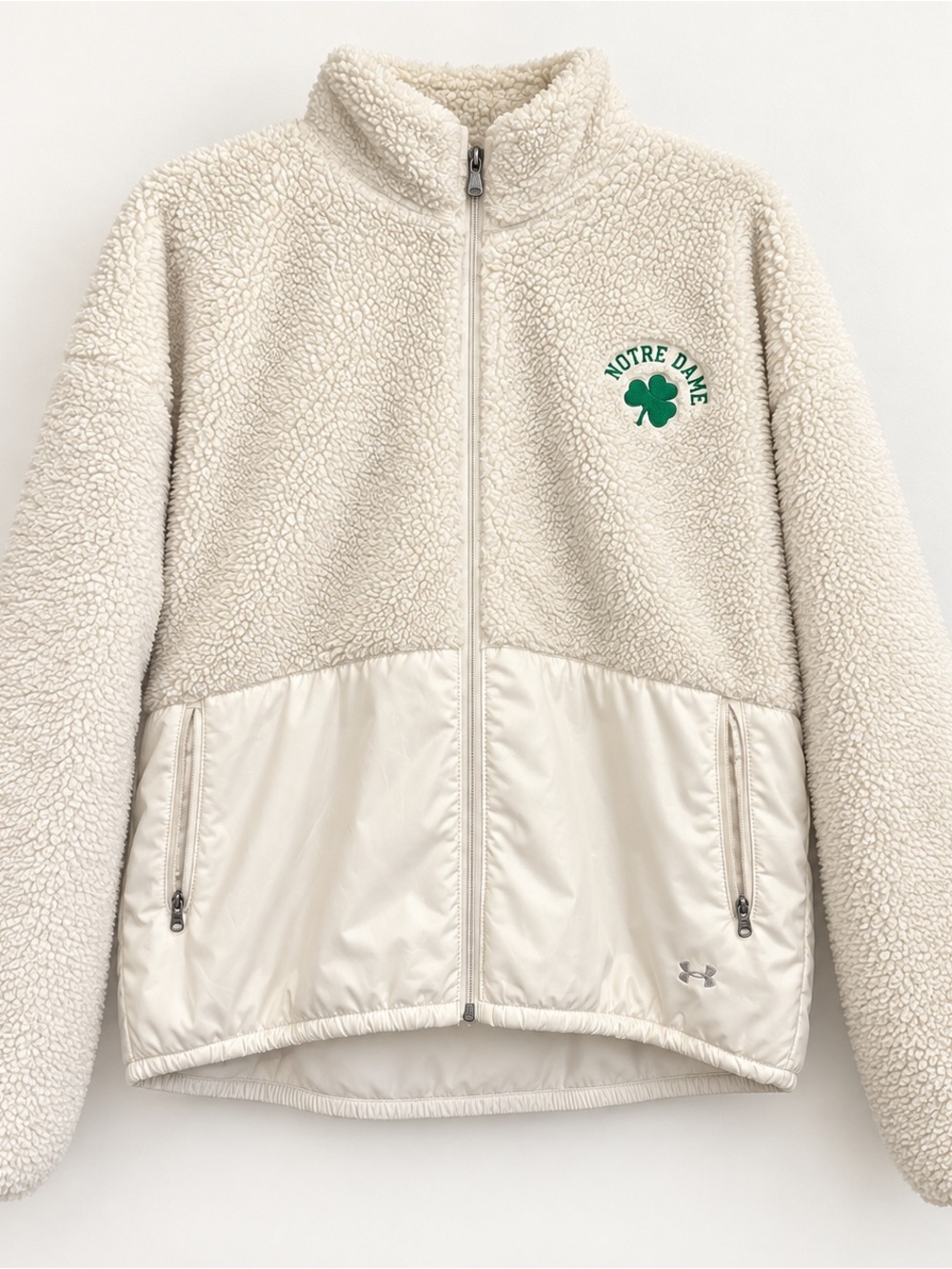Under Armour Cream Sherpa Jacket with Green Notre Dame Clover
